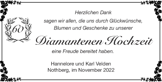 Glückwunschanzeige von Hannelore und Karl Velden von Zeitung am Sonntag