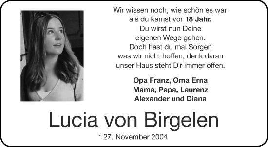 Glückwunschanzeige von Lucia von Birgelen von Aachener Zeitung / Aachener Nachrichten