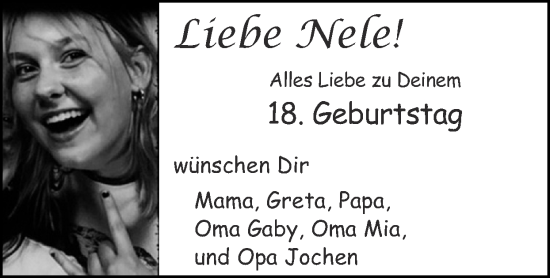 Glückwunschanzeige von Nele  von Zeitung am Sonntag
