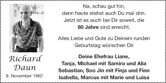 Glückwunschanzeige von Richard Daun von Zeitung am Sonntag