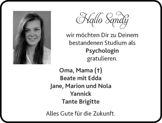 Glückwunschanzeige von Sandy  von Zeitung am Sonntag