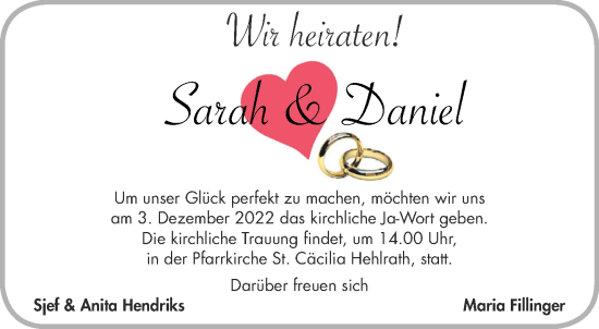Glückwunschanzeige von Sarah und Daniel  von Aachener Zeitung / Aachener Nachrichten
