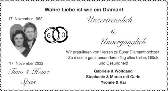 Glückwunschanzeige von Tinni und Heinz Speis von Aachener Zeitung / Aachener Nachrichten