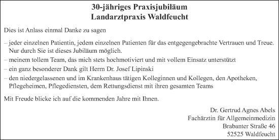 Glückwunschanzeige von 30-jähriges Praxisjubiläum  von Zeitung am Sonntag