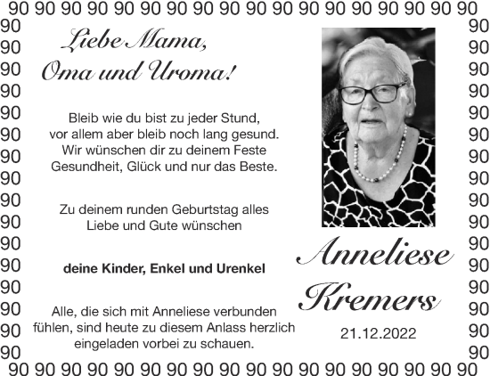 Glückwunschanzeige von Anneliese Kremers von Aachener Zeitung / Aachener Nachrichten