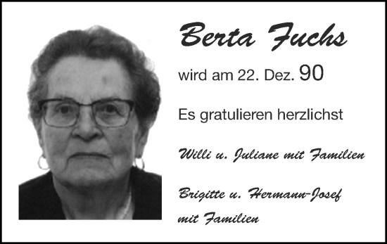 Glückwunschanzeige von Berta Fuchs von Zeitung am Sonntag