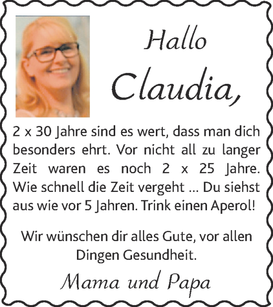 Glückwunschanzeige von Claudia  von Aachener Zeitung / Aachener Nachrichten