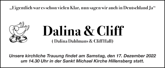 Glückwunschanzeige von Dalina und Cliff  von Zeitung am Sonntag
