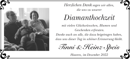 Glückwunschanzeige von Finni und Heinz Speis von Zeitung am Sonntag
