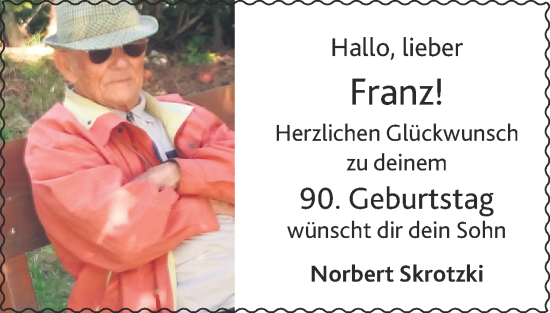 Glückwunschanzeige von Franz  von Zeitung am Sonntag