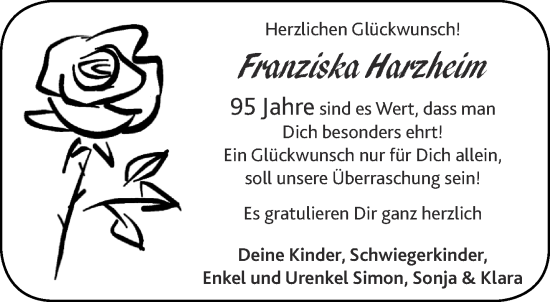 Glückwunschanzeige von Franziska Harzheim von Aachener Zeitung / Aachener Nachrichten