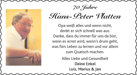 Glückwunschanzeige von Hans-Peter Vlatten von Aachener Zeitung / Aachener Nachrichten