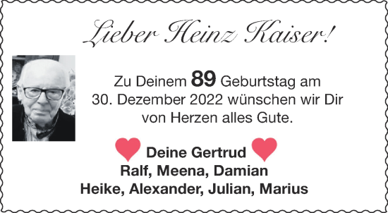 Glückwunschanzeige von Heinz Kaiser von Aachener Zeitung / Aachener Nachrichten