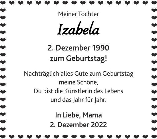 Glückwunschanzeige von Izabela  von Zeitung am Sonntag