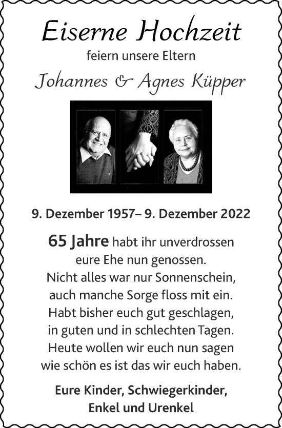 Glückwunschanzeige von Johannes und Agnes Küpper von Zeitung am Sonntag