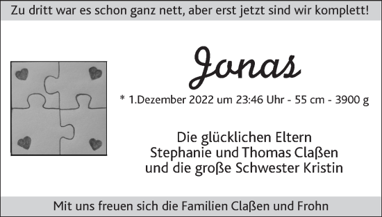 Glückwunschanzeige von Jonas  von Zeitung am Sonntag