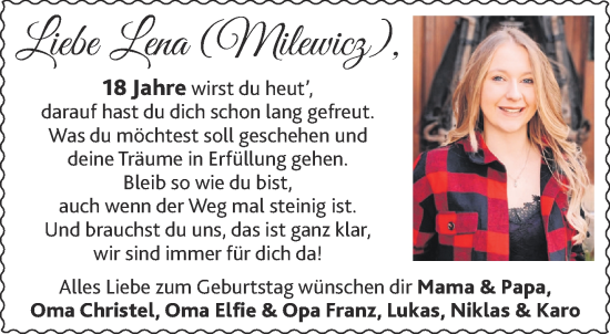 Glückwunschanzeige von Lena Milewicz von Aachener Zeitung / Aachener Nachrichten