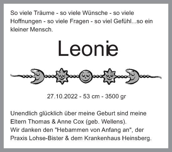Glückwunschanzeige von Leonie Cox von Zeitung am Sonntag