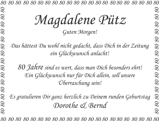 Glückwunschanzeige von Magdalene Pütz von Zeitung am Sonntag