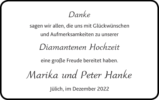 Glückwunschanzeige von Marika und Peter Hanke von Zeitung am Sonntag