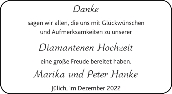 Glückwunschanzeige von Marika und Peter Hanke von Aachener Zeitung / Aachener Nachrichten