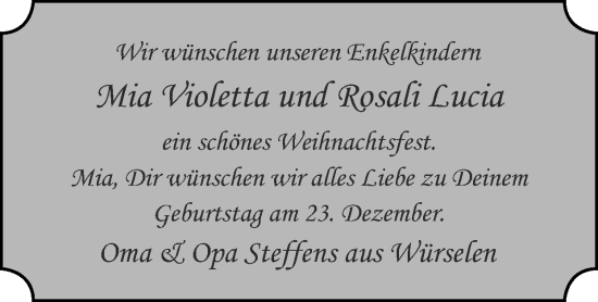 Glückwunschanzeige von Mia Violetta und Rosali Lucia  von Zeitung am Sonntag