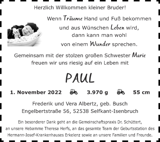 Glückwunschanzeige von Paul Albertz von Zeitung am Sonntag