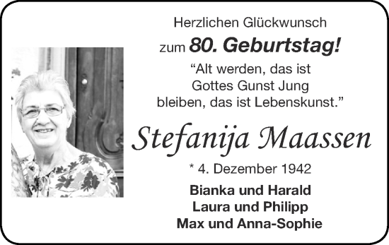 Glückwunschanzeige von Stefanija Maassen von Zeitung am Sonntag