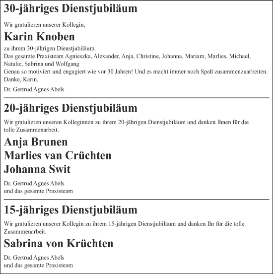Glückwunschanzeige von Wir gratulieren unseren Kolleginnen  von Zeitung am Sonntag