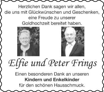 Glückwunschanzeige von Elfie und Peter Frings von Zeitung am Sonntag