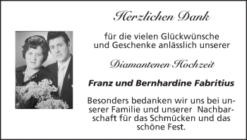 Glückwunschanzeige von Franz und Bernhardine Fabritius von Zeitung am Sonntag