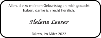 Glückwunschanzeige von Helene Leeser von Zeitung am Sonntag