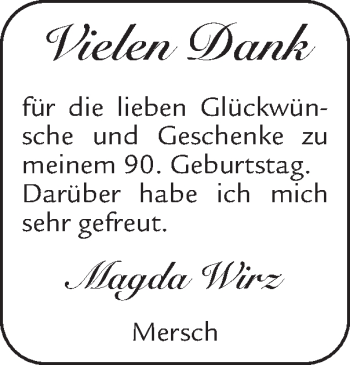 Glückwunschanzeige von Magda Wirz von Zeitung am Sonntag
