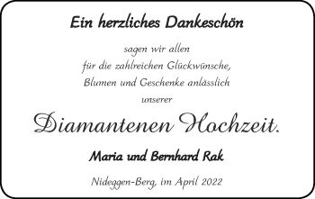 Glückwunschanzeige von Maria und Bernhard Rak von Zeitung am Sonntag