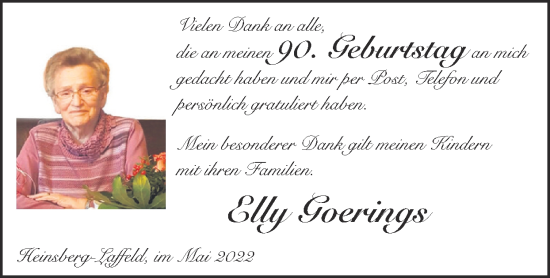 Glückwunschanzeige von Elly Goerings von Zeitung am Sonntag
