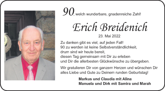 Glückwunschanzeige von Erich  Breidenich von Aachener Zeitung / Aachener Nachrichten