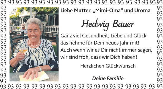 Glückwunschanzeige von Hedwig Bauer von Aachener Zeitung / Aachener Nachrichten