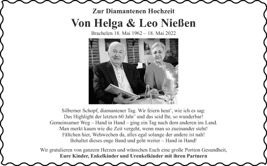 Glückwunschanzeige von Helga & Leo Nießen von Zeitung am Sonntag