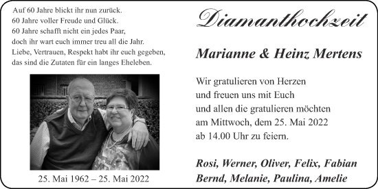 Glückwunschanzeige von Marianne und Heinz Mertens von Zeitung am Sonntag
