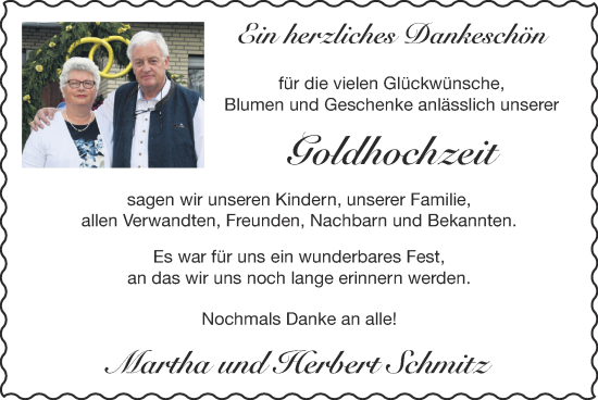 Glückwunschanzeige von Martha und Herbert Schmitz von Zeitung am Sonntag