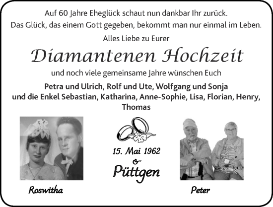 Glückwunschanzeige von Roswitha und Peter Püttgen von Zeitung am Sonntag