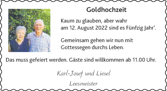 Glückwunschanzeige von Goldhochzeit  von Aachener Zeitung / Aachener Nachrichten