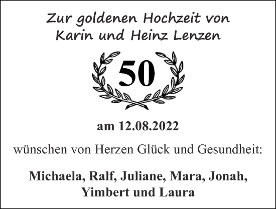Glückwunschanzeige von Karin und Heinz Lenzen von Zeitung am Sonntag