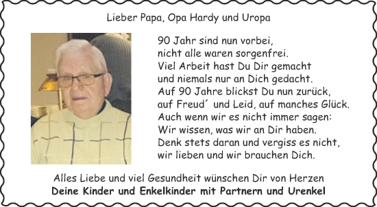 Glückwunschanzeige von Lieber Papa, Opa Hardy und Uropa  von Aachener Zeitung / Aachener Nachrichten