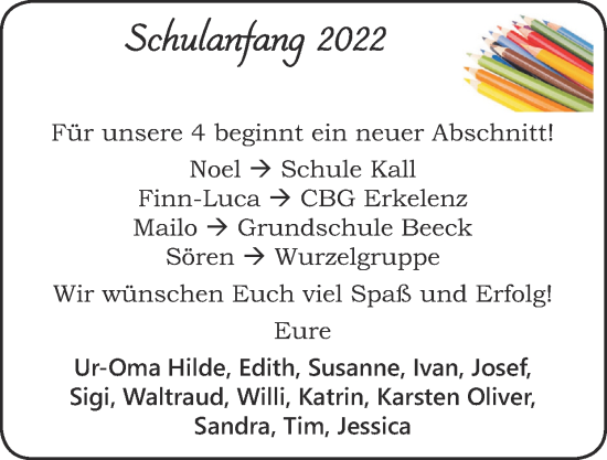 Glückwunschanzeige von Schulanfang 2022  von Zeitung am Sonntag