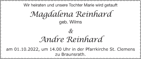 Glückwunschanzeige von Magdalena und Andre Reinhard von Zeitung am Sonntag