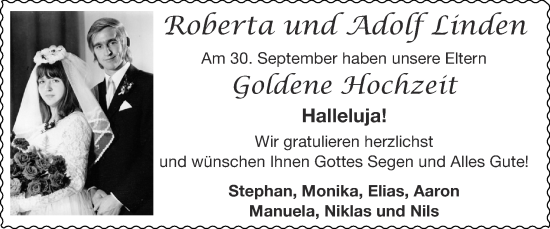 Glückwunschanzeige von Roberta und Adolf Linden von Zeitung am Sonntag