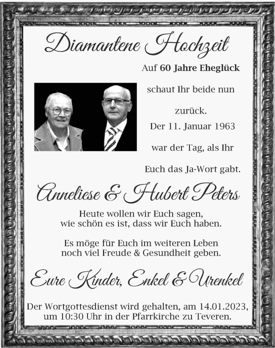 Glückwunschanzeige von Anneliese und Hubert Peters von Zeitung am Sonntag