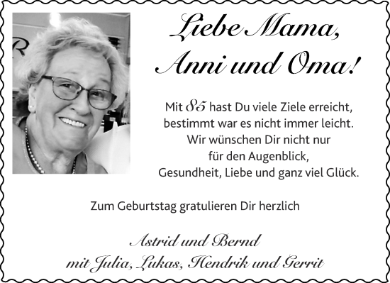 Glückwunschanzeige von Anni  von Aachener Zeitung / Aachener Nachrichten