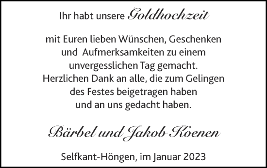 Glückwunschanzeige von Bärbel und Jakob Koenen von Zeitung am Sonntag